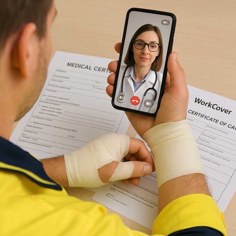Injured worker using a smartphone for a telehealth appointment